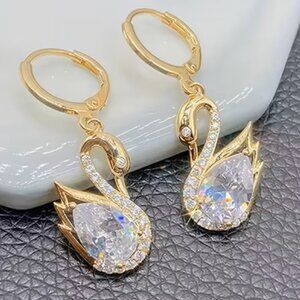 Earrings Swan Dangle Drop Bird Gold Rhinestones Crystal Glam Elegant Stylish Fun